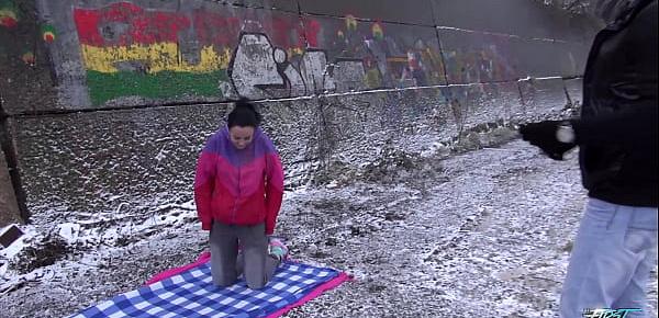 Sexy little brunette in a little bit freezing public fuck warming up hard cock